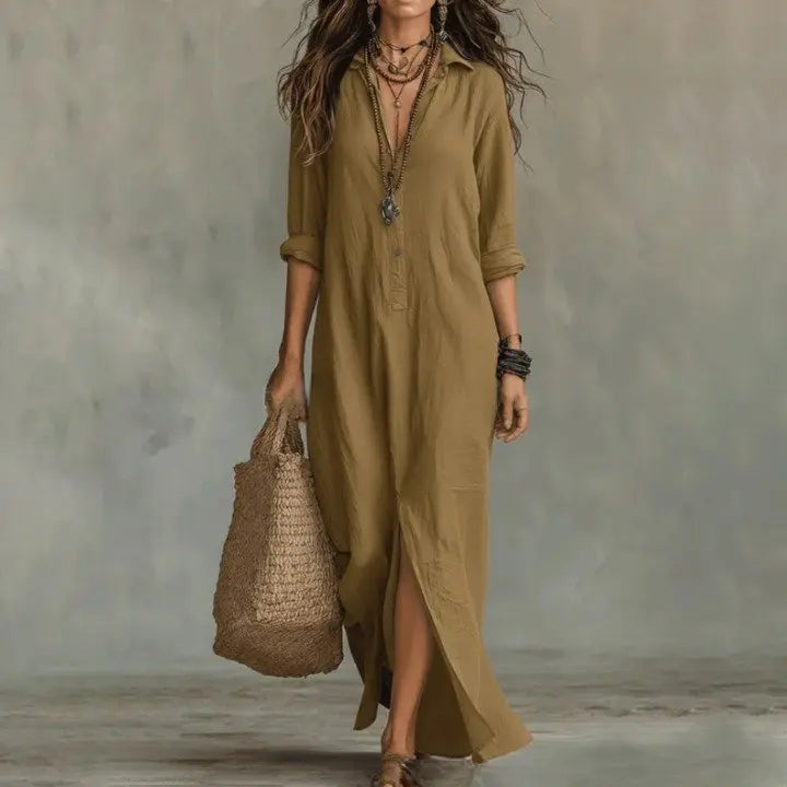 Women's button down linen maxi shirt dress with long sleeves. Casual, elegant, & comfortable for any season.