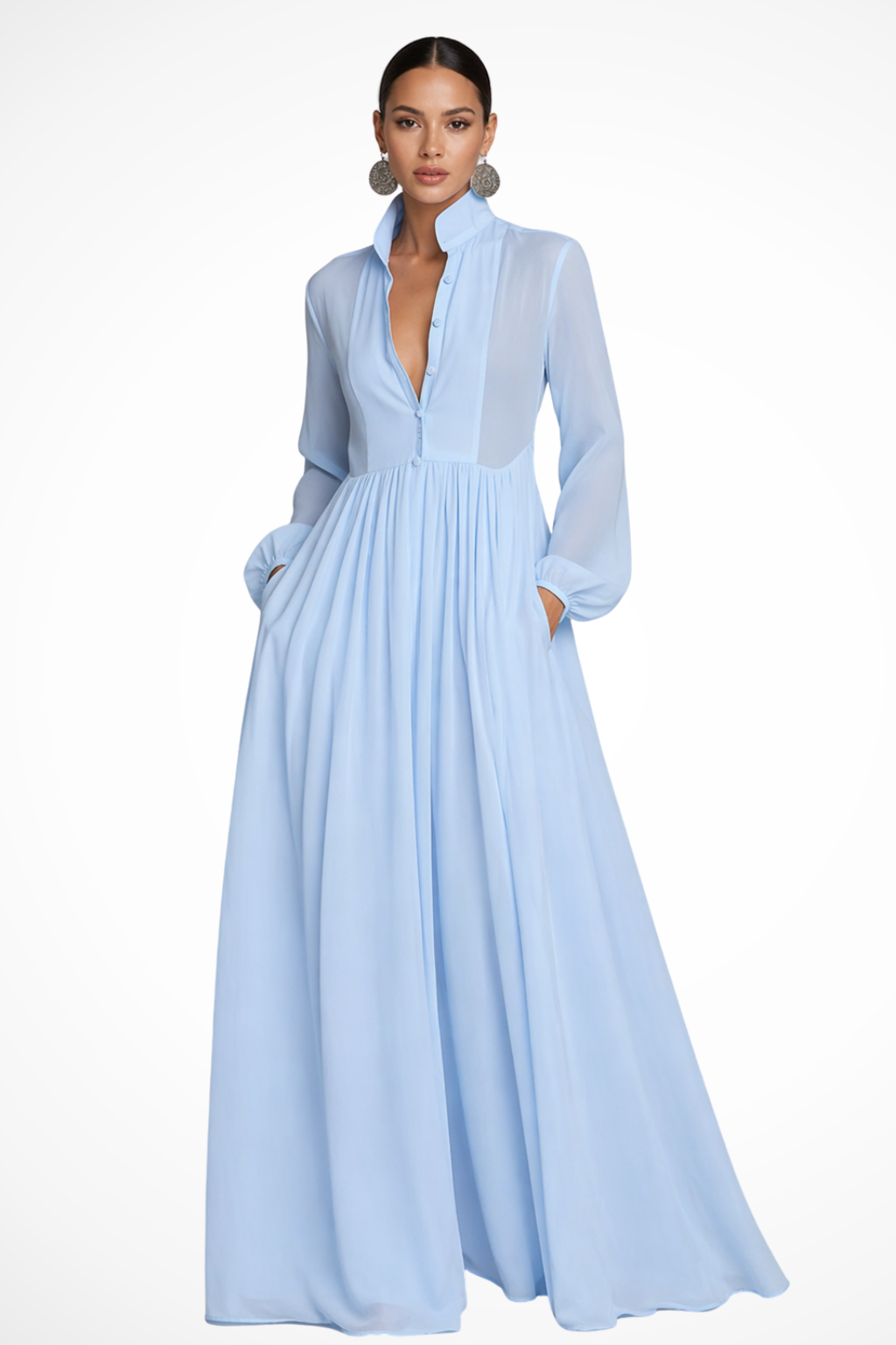 Women's long sleeve button front maxi dress with pockets. Elegant and flowy, perfect for versatile event wear.