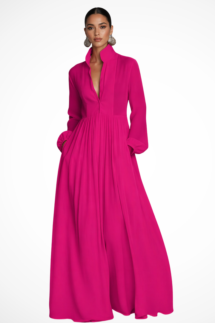 Chic women's long sleeve maxi dress with button front & pockets. Ideal for garden parties & elegant events.