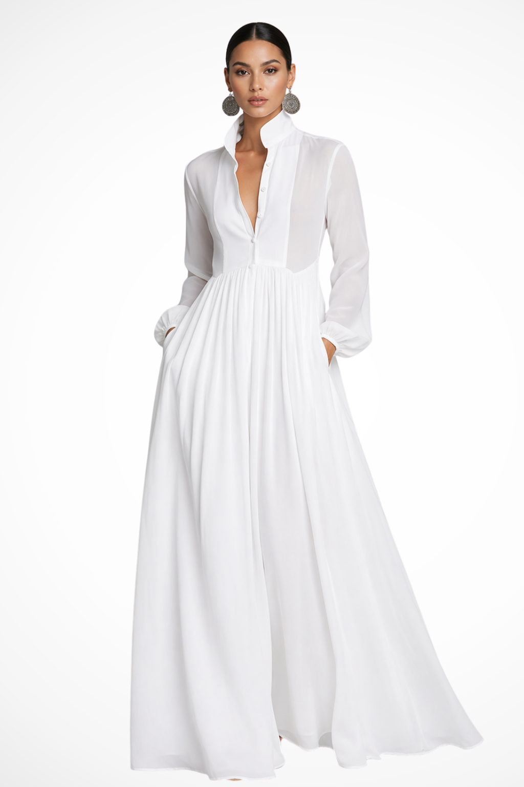 Modest & comfortable women's long sleeve maxi dress. Features full button front, convenient pockets, flowy design.