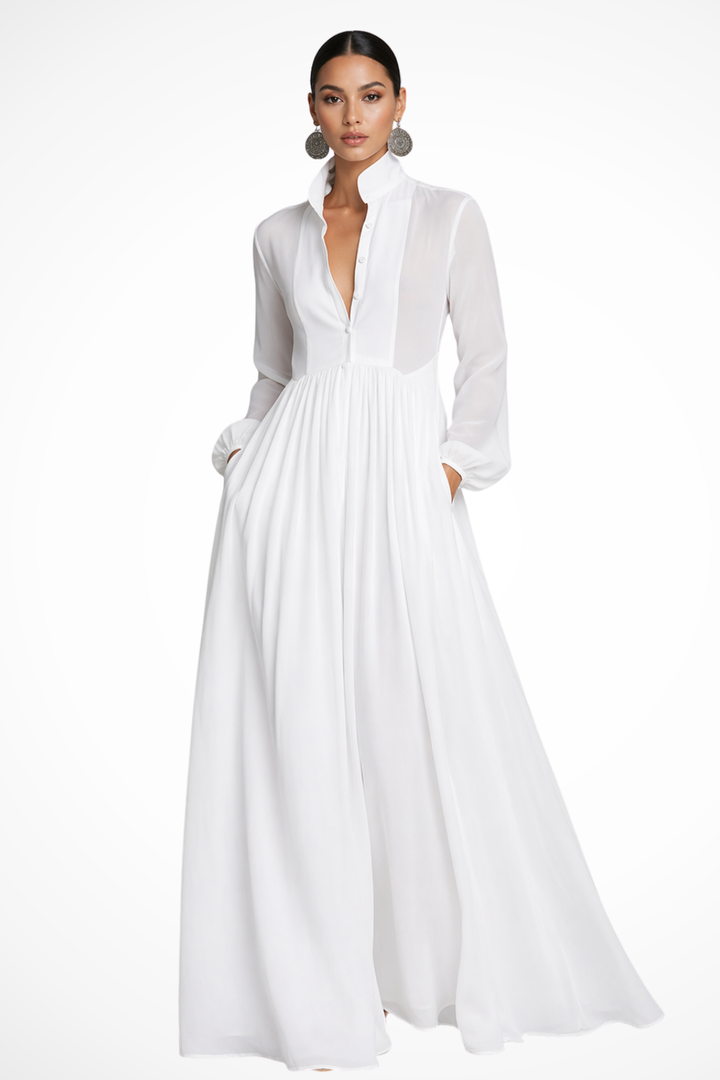 Modest & comfortable women's long sleeve maxi dress. Features full button front, convenient pockets, flowy design.
