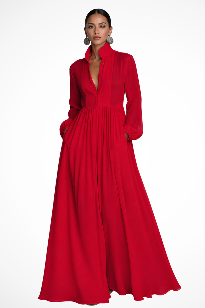 Versatile women's long sleeve button front maxi dress. Elegant & flowy, with practical pockets for daily wear or events.