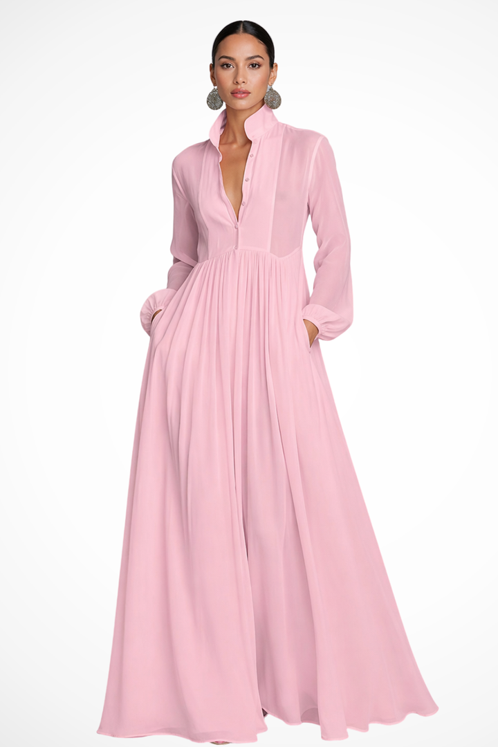 Flowy women's long sleeve maxi dress with button front. Modest yet chic, offering a comfortable and elegant silhouette.