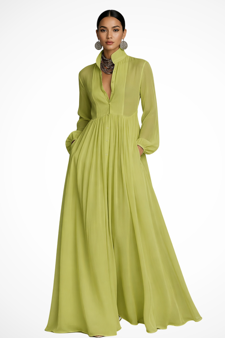 Elegant women's long sleeve maxi dress, button front design. Flowy fabric, discreet pockets. Perfect for various occasions.