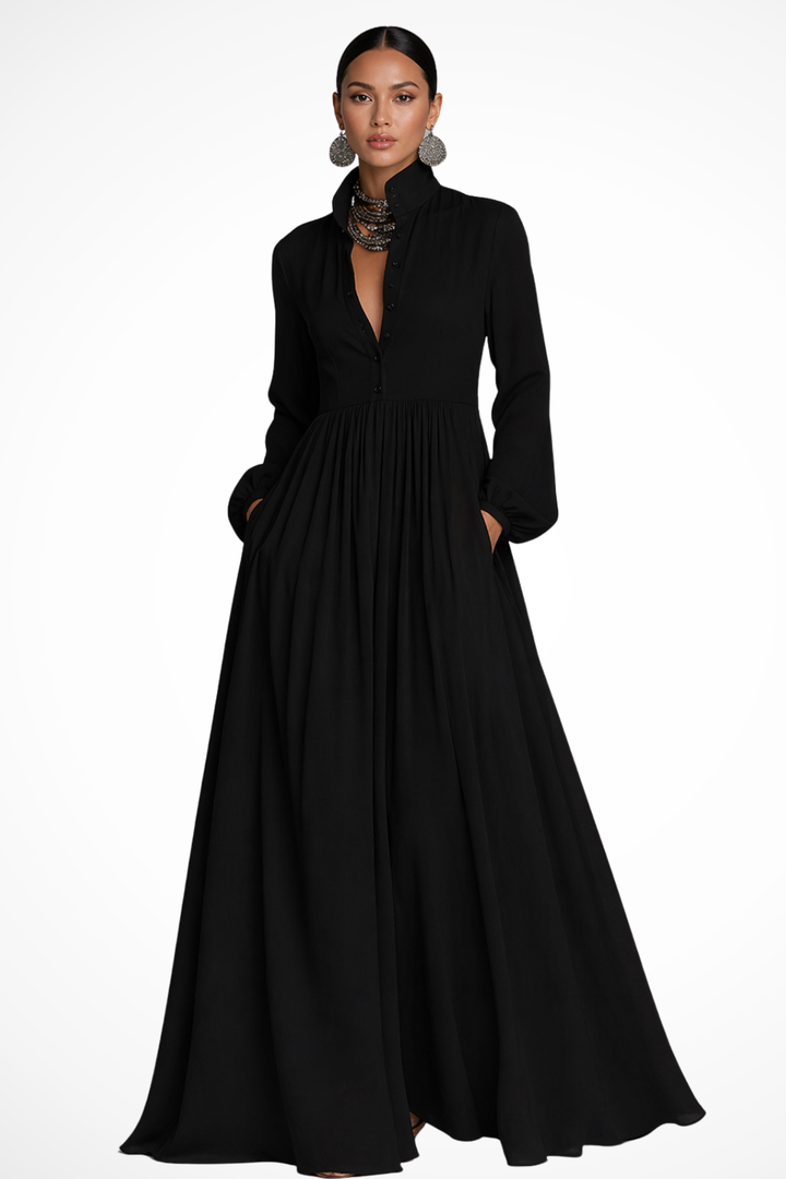 Stylish women's long sleeve maxi dress with button front. Features functional pockets, elegant flow, suitable for events.