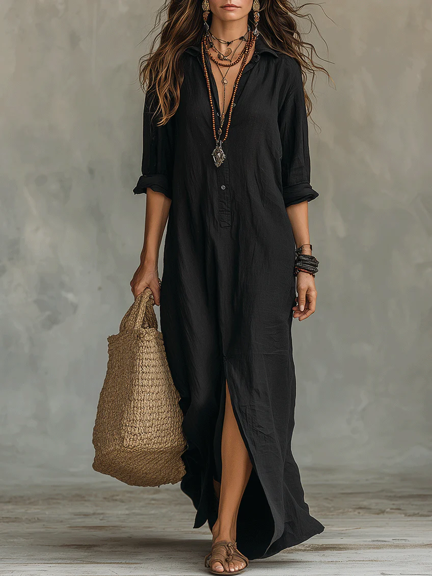 Women's long-sleeve button-front shirt dress, perfect for versatile fashion and office wear.