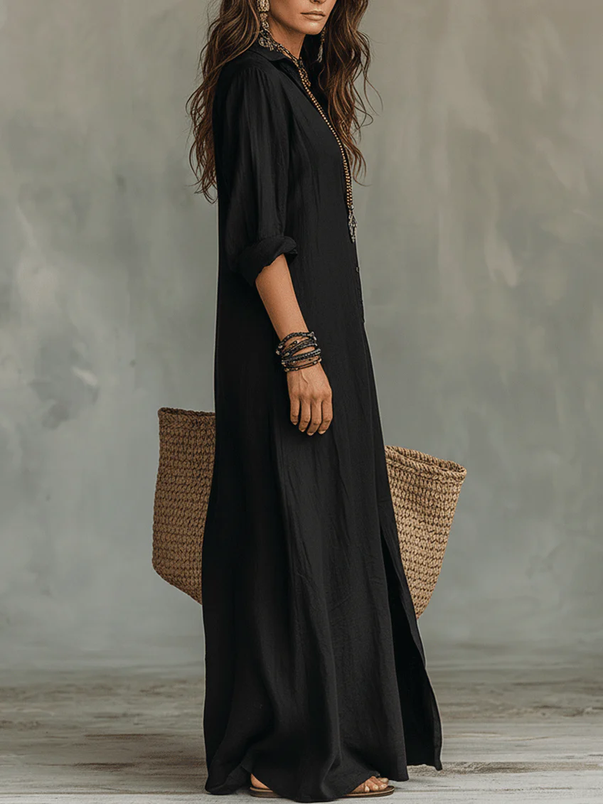 Elegant women's long-sleeve midi shirt dress, ideal for casual outings or chic office wear.