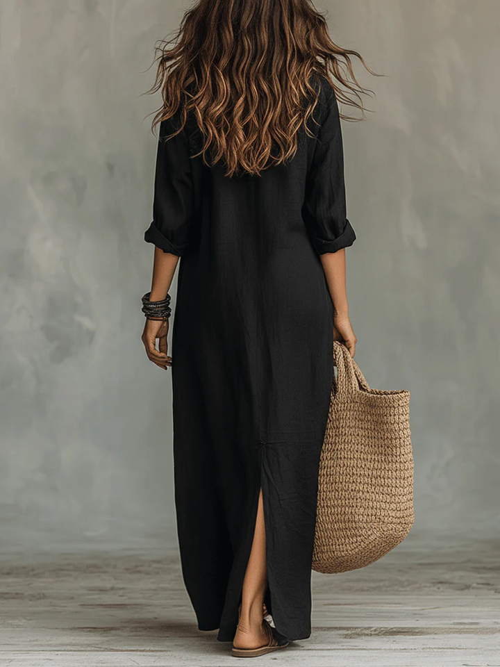 Versatile button-up long-sleeve shirt dress for women, offering effortless style for day or office.