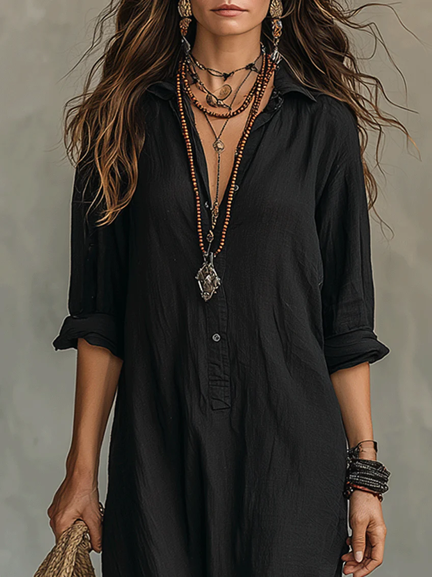 Chic women's midi shirt dress with long sleeves and button front, a versatile day-to-night fashion.