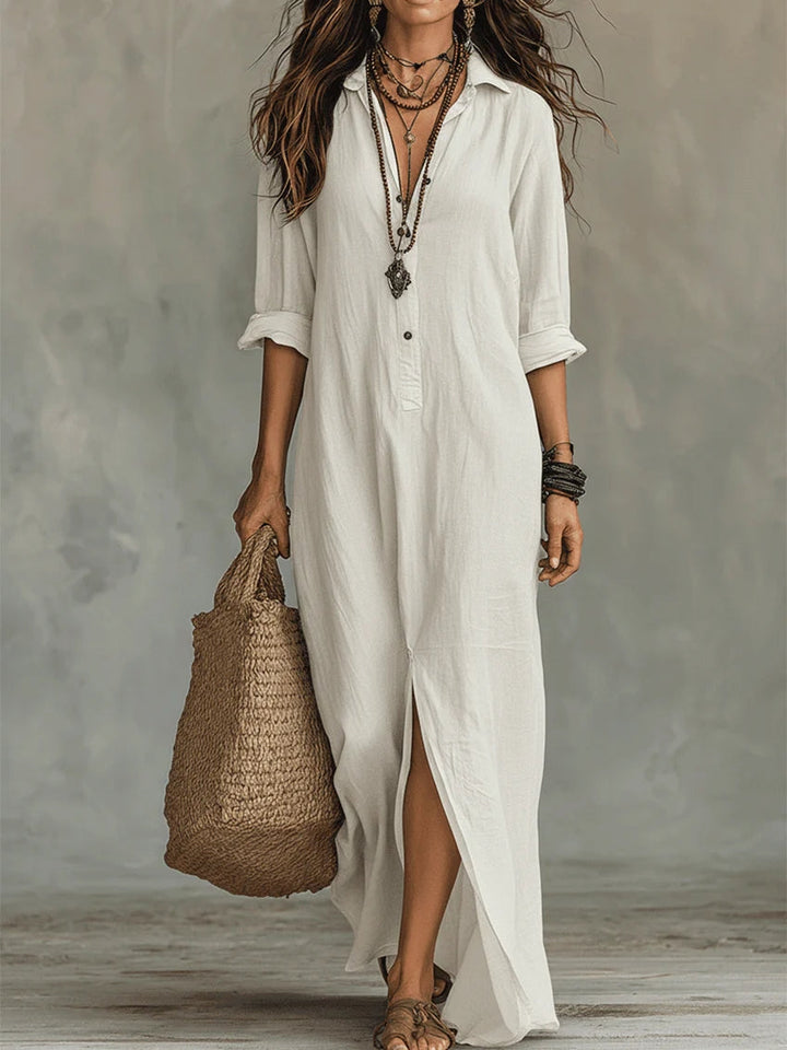 Effortless women's long-sleeve button-up dress, a comfortable and elegant midi shirt dress for any day.
