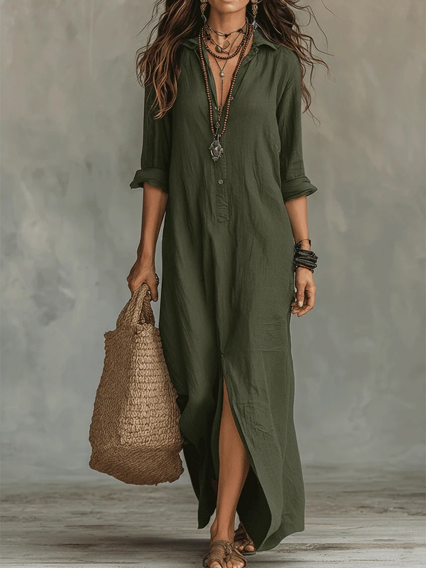 Fashionable women's long-sleeve shirt dress with button-front, a versatile day dress for modern style.