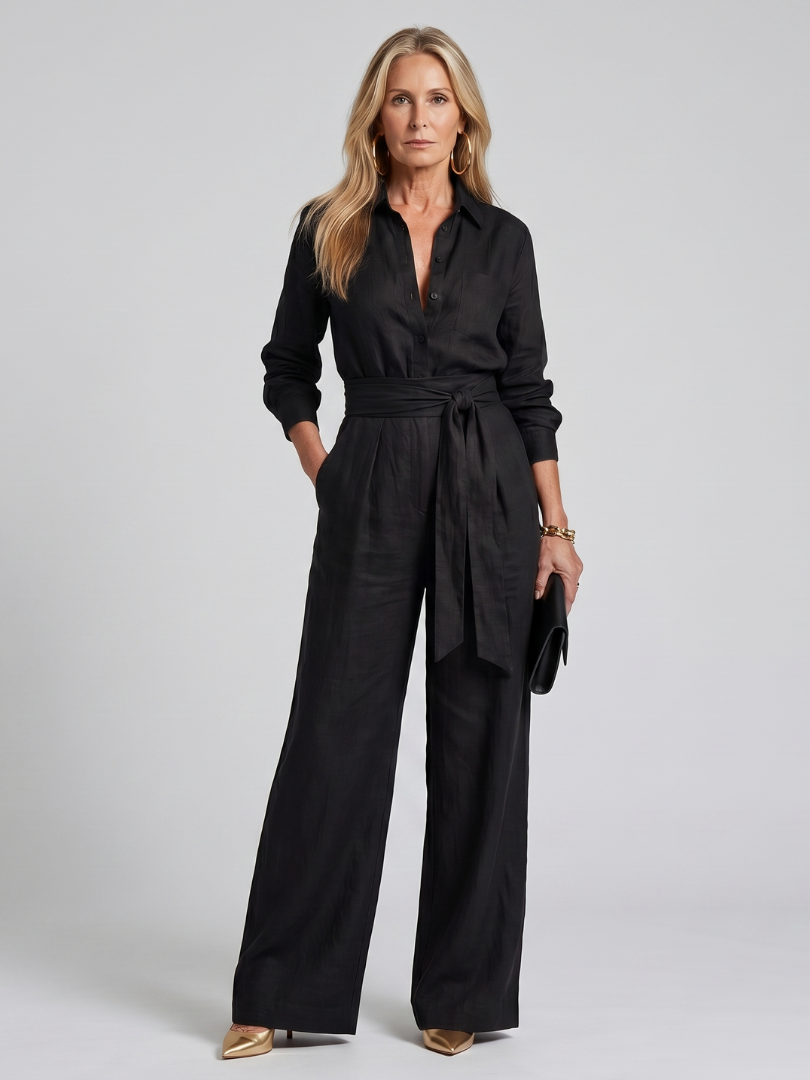 Soft, casual women's long sleeve wide leg jumpsuit. Features a practical button front for comfort and style.