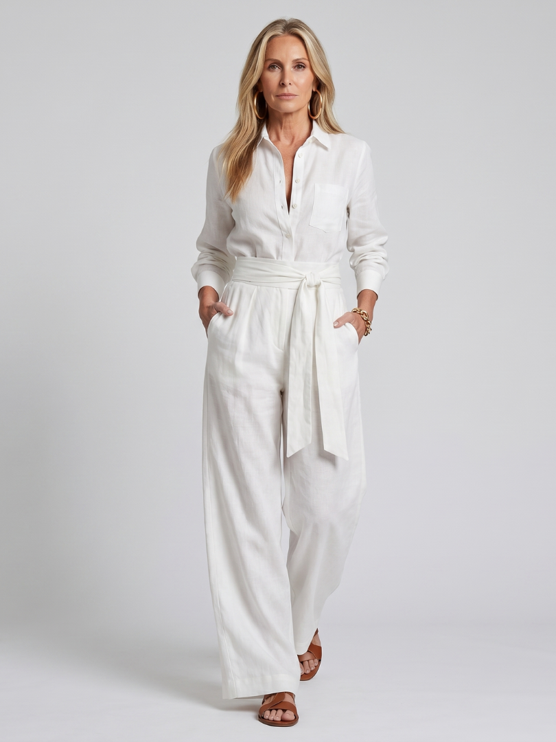 Elegant women's one-piece jumpsuit with long sleeves, functional button front, and flowy wide leg pants.