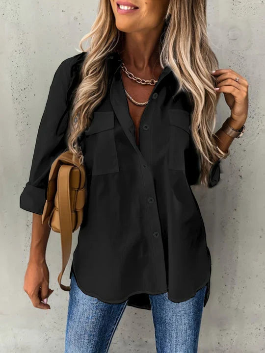 Women's long-sleeve button-up blouse in a relaxed fit. Versatile casual or workwear top for spring & autumn fashion.