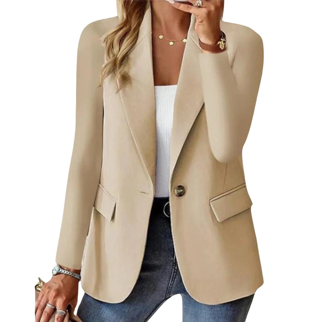 Women's long sleeve casual blazer with flap pockets & notch lapel. Perfect for versatile workwear & everyday chic.