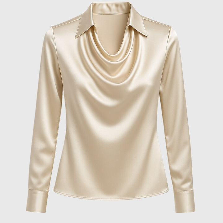 Sophisticated women's long sleeve collared cowl neck blouse for versatile, comfortable fashion.