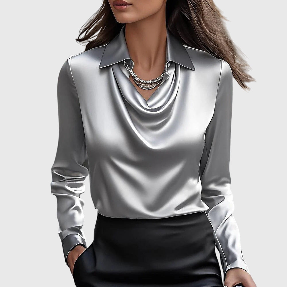 Chic women's long sleeve cowl neck blouse, collared. Perfect for elegant office wear or casual outings.