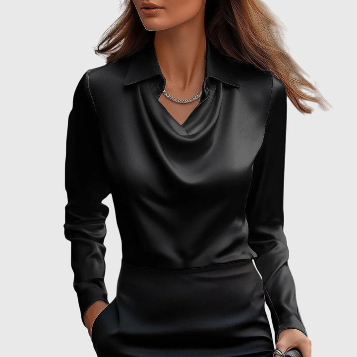 Comfortable women's long sleeve collared blouse with a relaxed cowl neck. Ideal for everyday elegance.