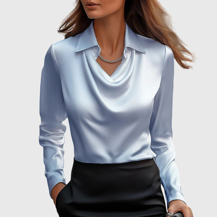 Versatile women's long sleeve blouse with a stylish cowl neck and classic collar. Suits office & casual.