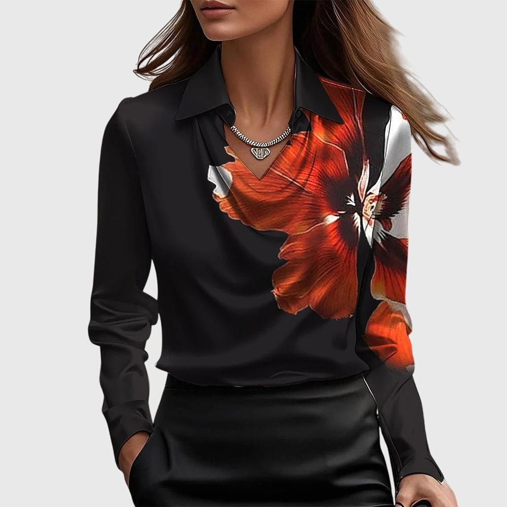 Elegant women's long sleeve blouse with a unique cowl neck & collar detail. Relaxed fit for all day.
