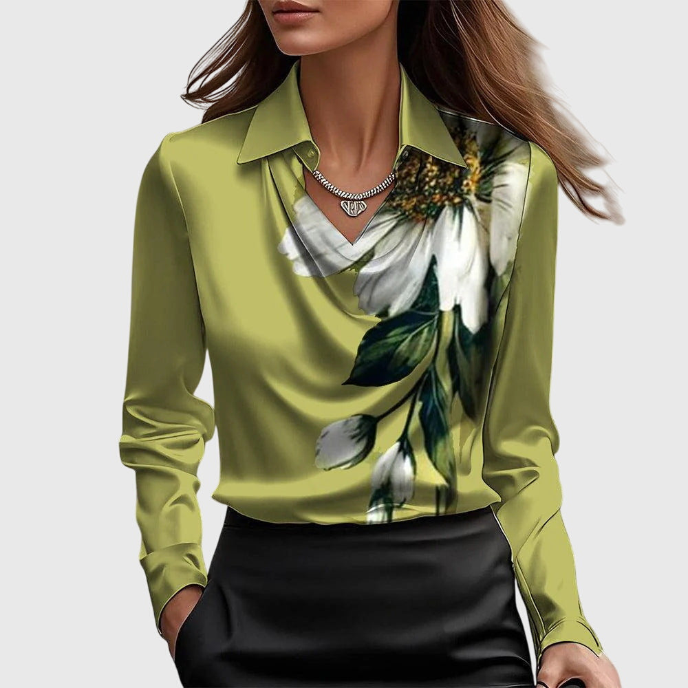 Women's office wear long sleeve collared blouse with a comfortable cowl neck. Transitions to casual chic.