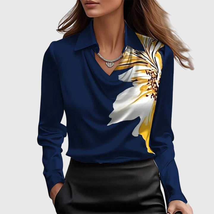 Everyday women's long sleeve top, elegant collared design with a soft cowl neck. Comfortable classic.