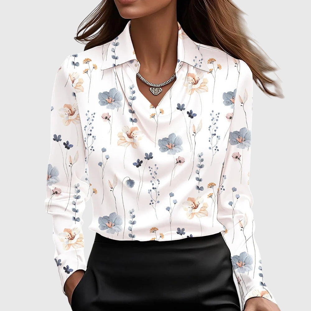 Classic women's long sleeve blouse, featuring a stylish cowl neck and crisp collar. Relaxed & elegant.