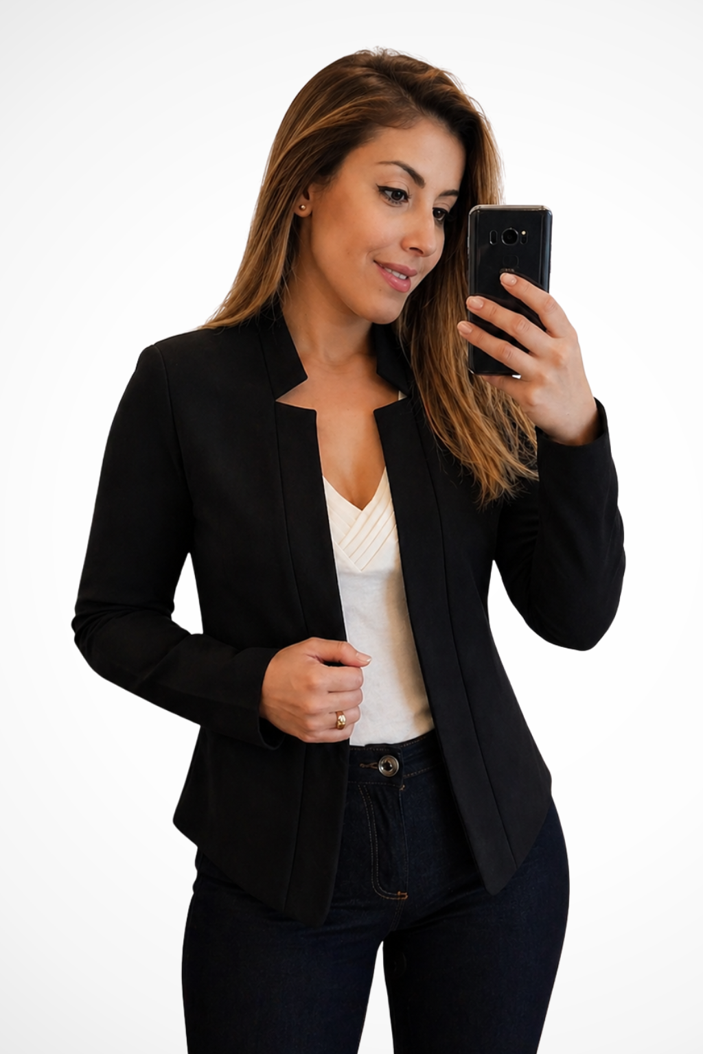 Women's long sleeve collarless summer blazer, tailored fit, perfect for professional or smart casual office wear.