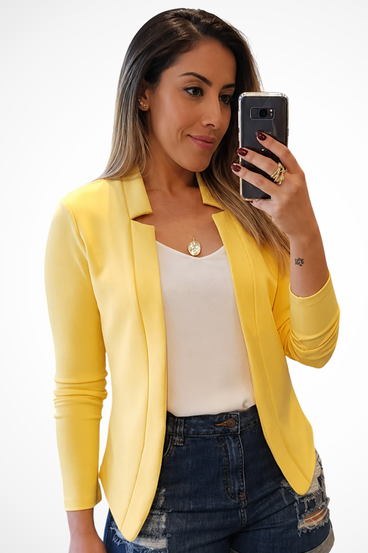 Chic women's collarless long sleeve summer blazer, versatile open front design for office or smart casual outfits.