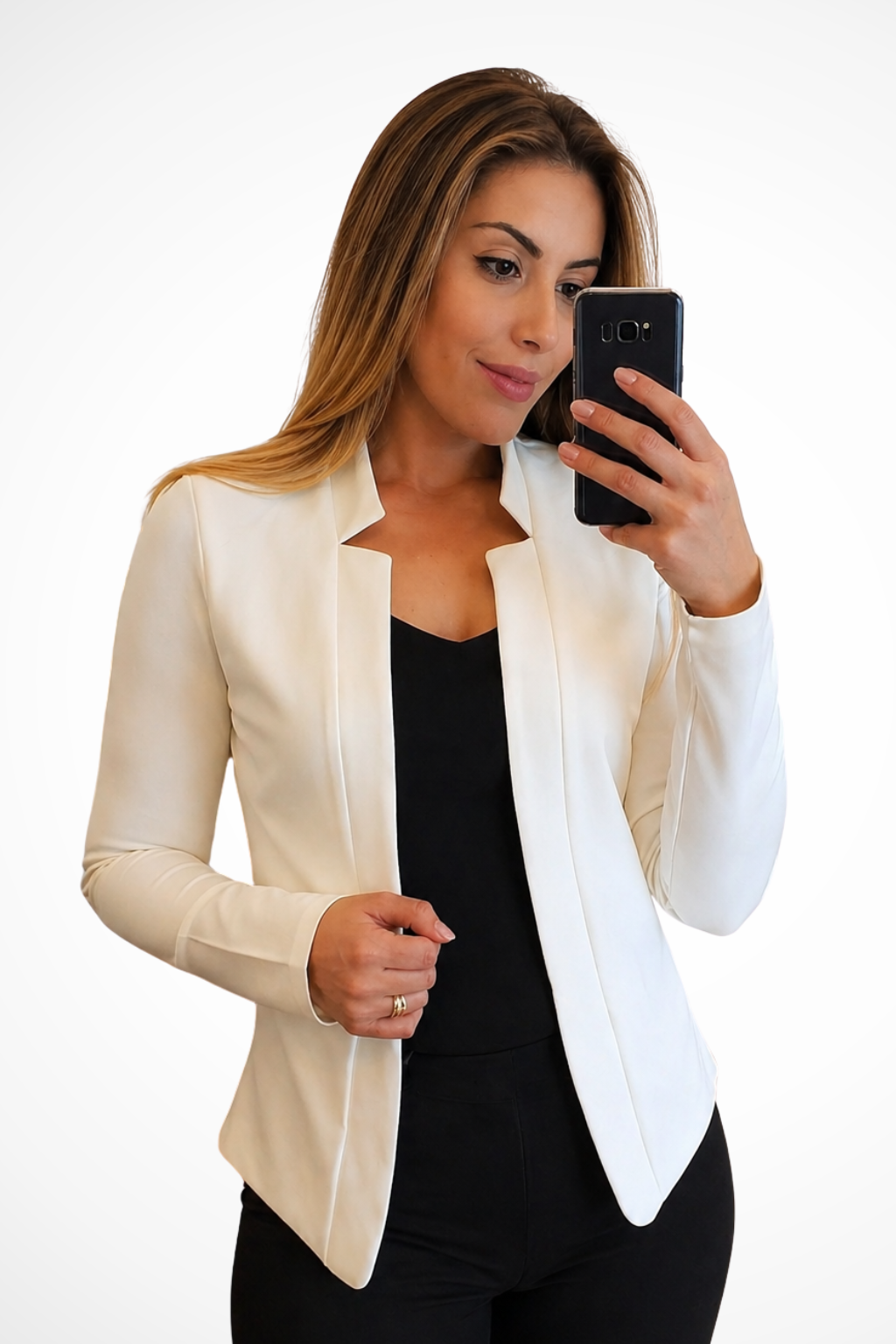 Tailored women's long sleeve summer blazer with collarless open front, perfect for versatile professional & casual wear.