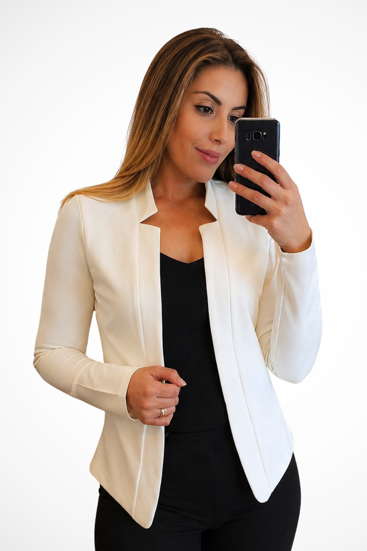 Tailored women's long sleeve summer blazer with collarless open front, perfect for versatile professional & casual wear.