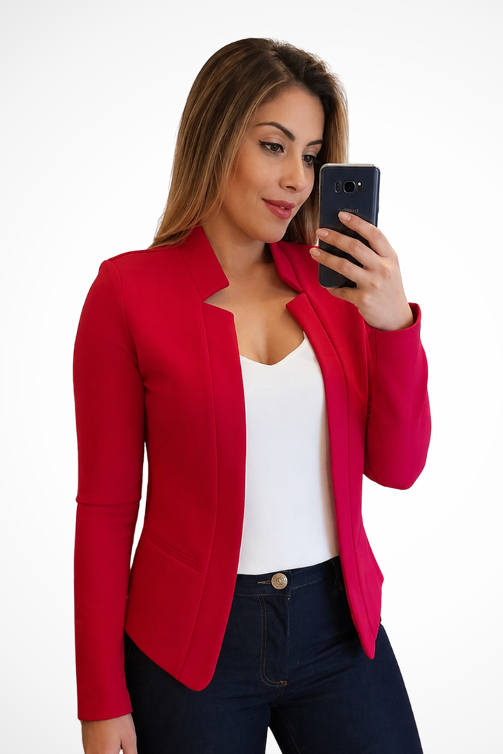 Women's elegant collarless long sleeve summer blazer, tailored for a chic, versatile, and lightweight professional style.
