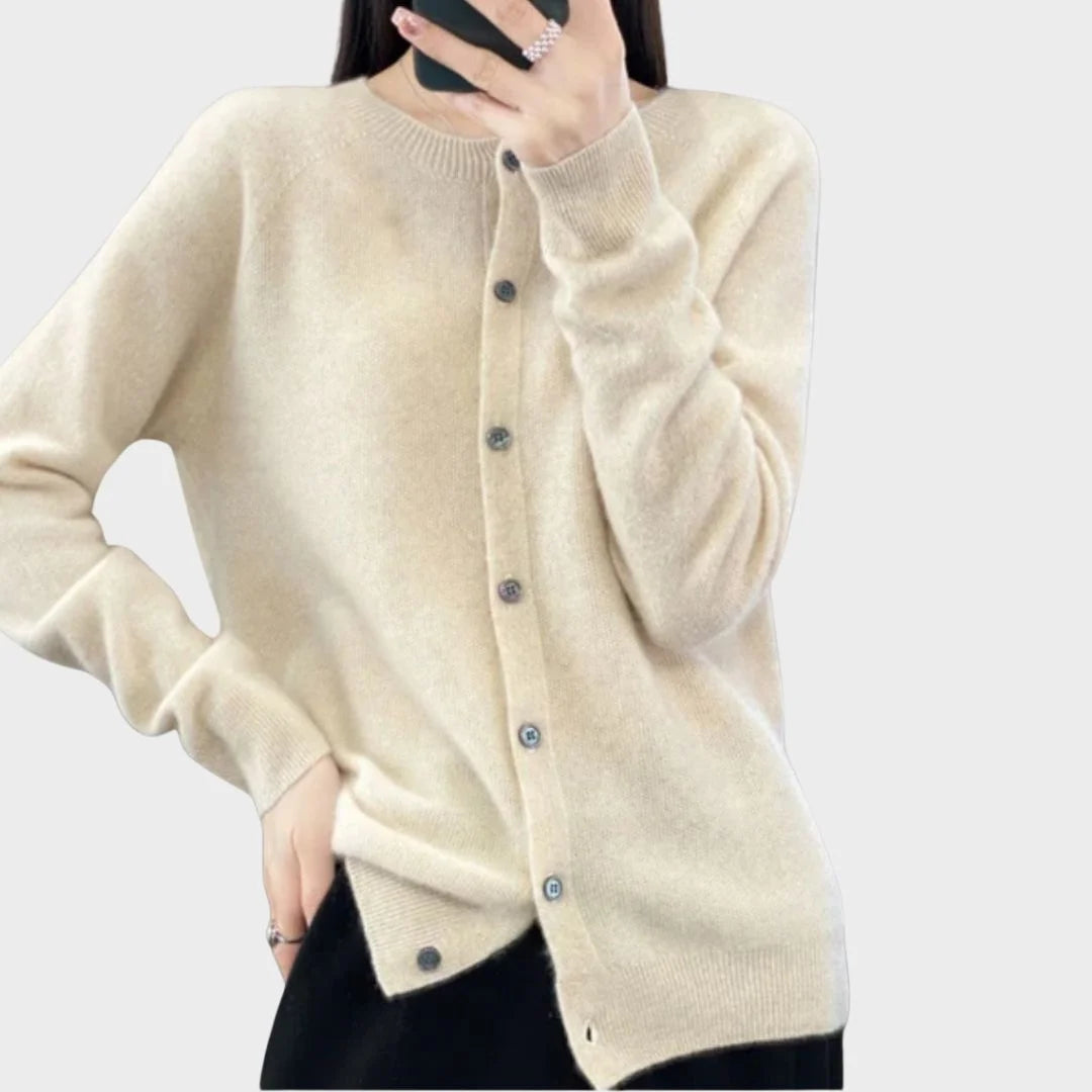 Comfortable women's crew-neck button-front sweater. Long sleeves for warmth & classic winter fashion style.