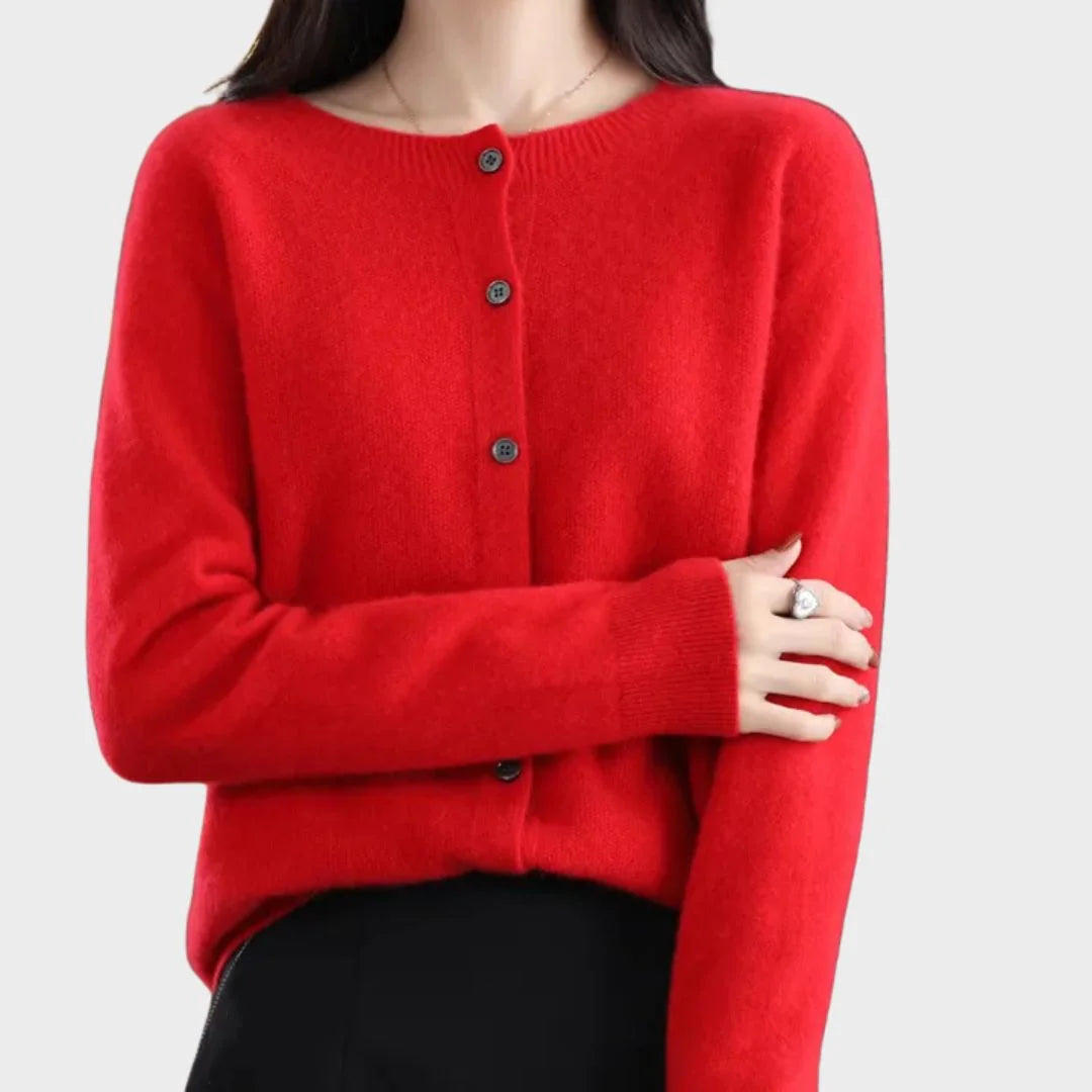 Warm women's crew neck sweater, a long-sleeve cardigan with button-front. Great for layering in cold weather.
