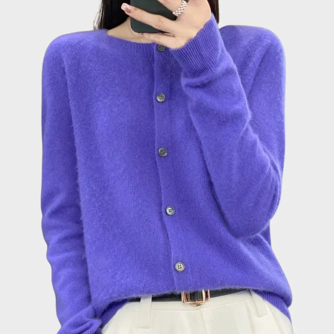 Versatile women's long-sleeve crew neck cardigan sweater. Button-up style, great for office or weekend wear.