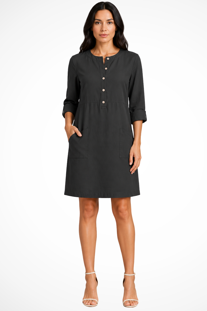 Women's long sleeve shirt dress with front pockets, perfect for casual elegance & versatile everyday wear.
