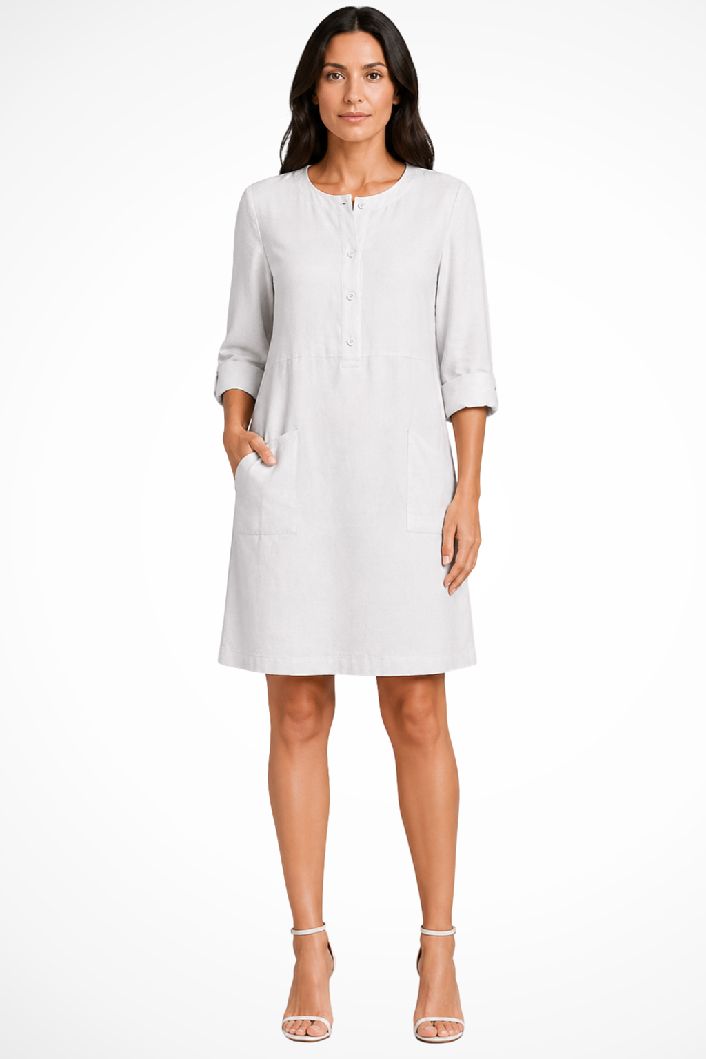 Elegant women's long sleeve midi shirt dress with a relaxed fit and practical front pockets.