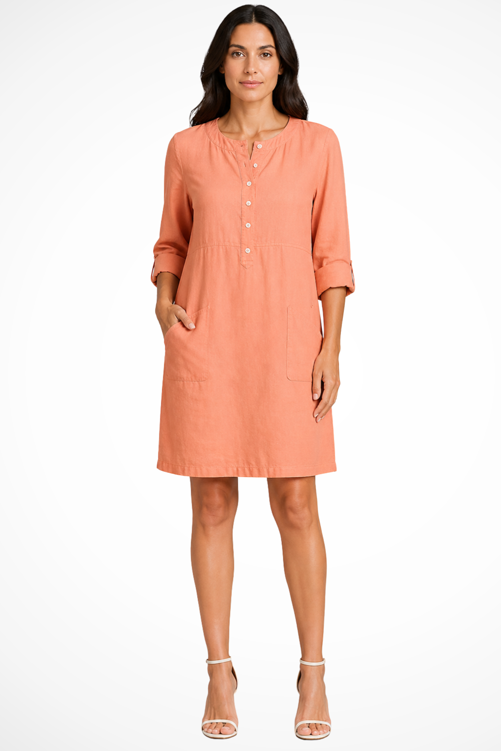 Spring/summer women's long sleeve shirt dress, a versatile button-down midi with chic front pockets.