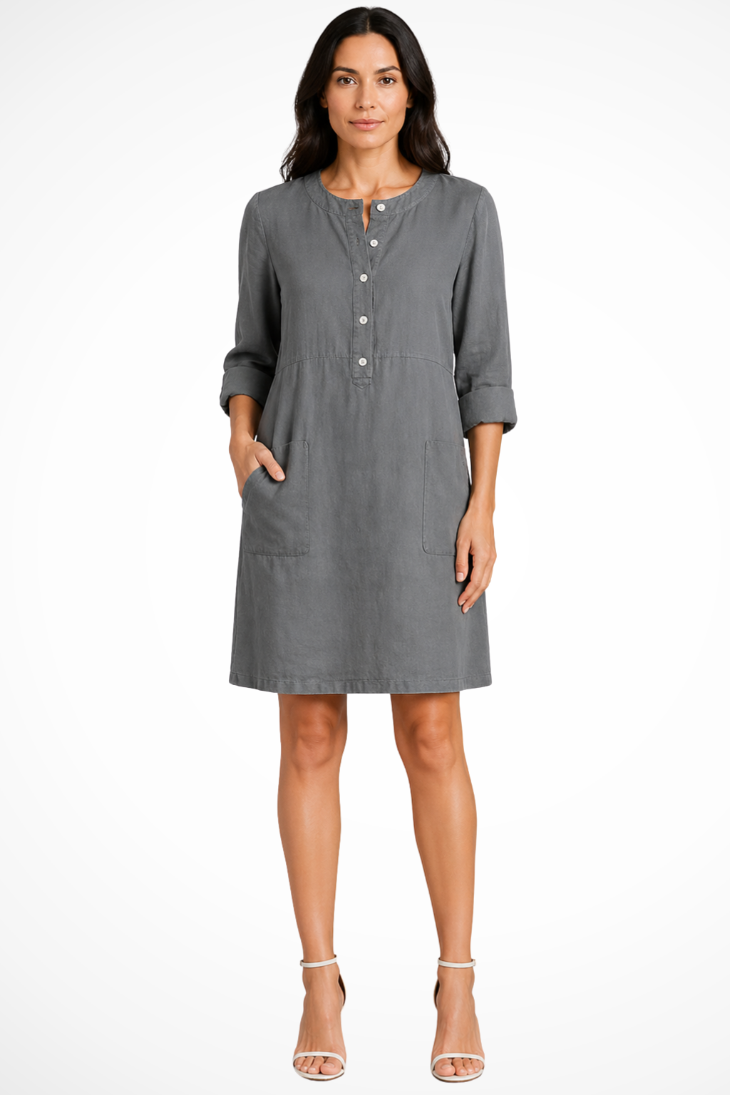 Women's long sleeve shirt dress for a casual-chic look, featuring front pockets & a midi length design.