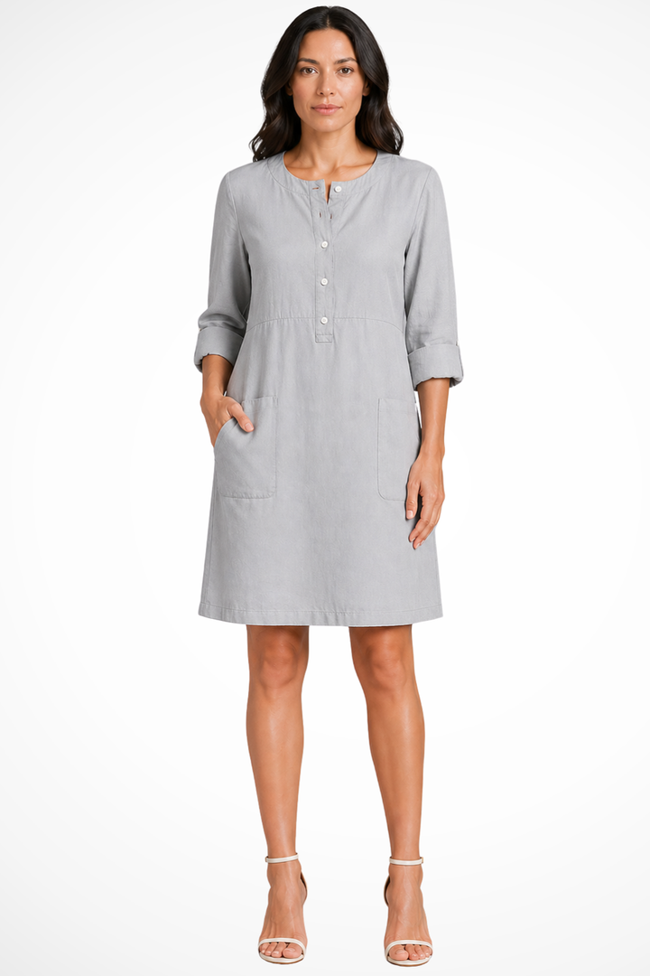 Versatile women's long sleeve shirt dress with front pockets, ideal for everyday wear & fashion.