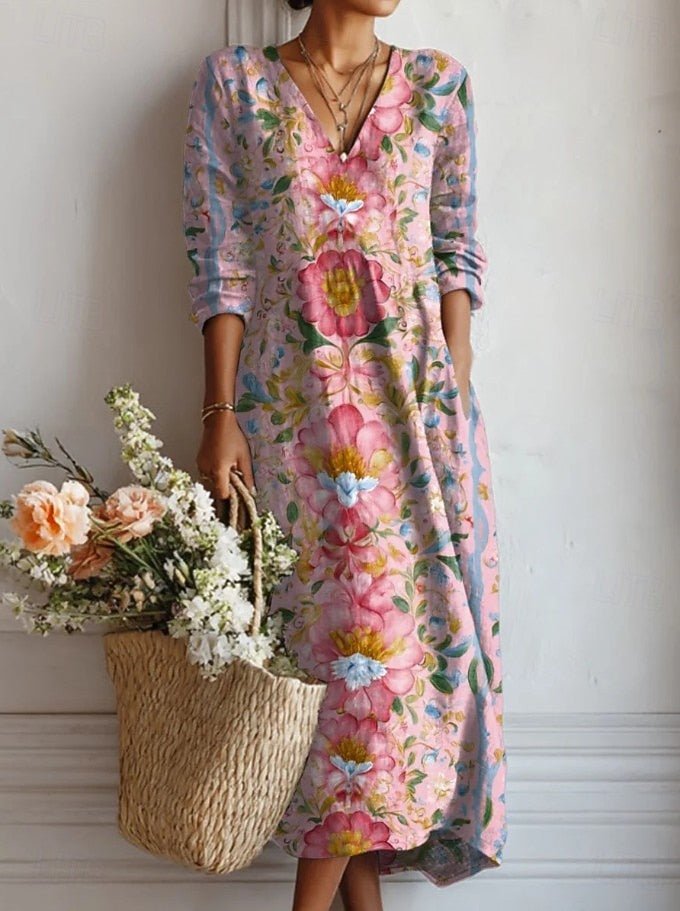 Women's long-sleeve V-neck floral midi dress. Comfortable & elegant for spring/summer, with pockets. Relaxed fit.