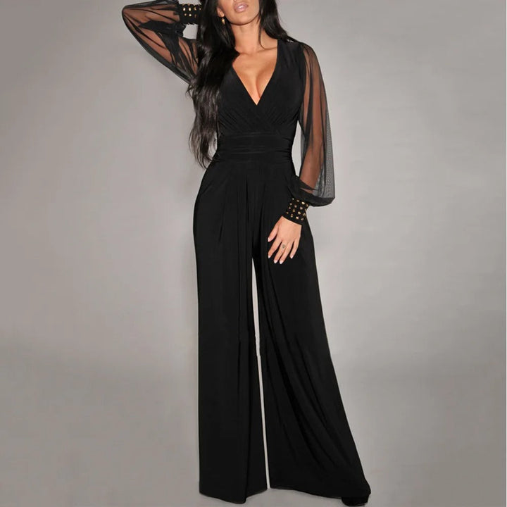 Women's long sleeve V-neck wide-leg jumpsuit, perfect for elegant formal or casual occasions. Sophisticated one-piece outfit.