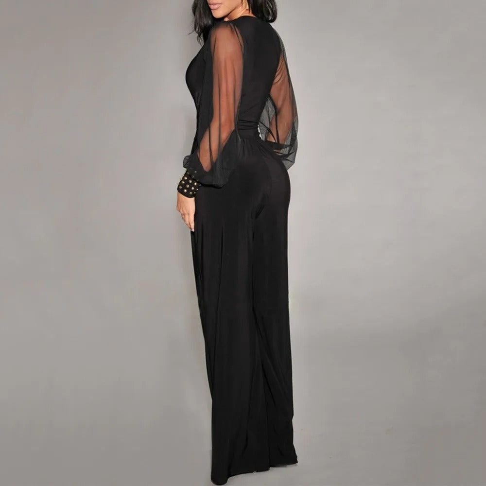 Elegant women's wrap style long sleeve V-neck wide-leg jumpsuit. Ideal for evening wear or a chic casual look.