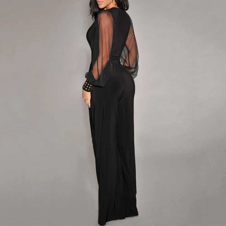 Elegant women's wrap style long sleeve V-neck wide-leg jumpsuit. Ideal for evening wear or a chic casual look.