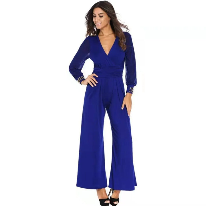 Stylish women's long sleeve V-neck jumpsuit with wide-leg pants. Comfortable, flattering, and versatile for any event.