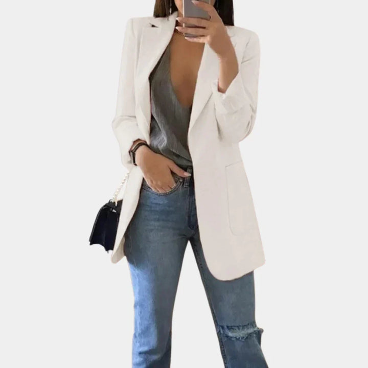 Women's long slim fit blazer, perfect for office wear, professional attire & modern fashion.