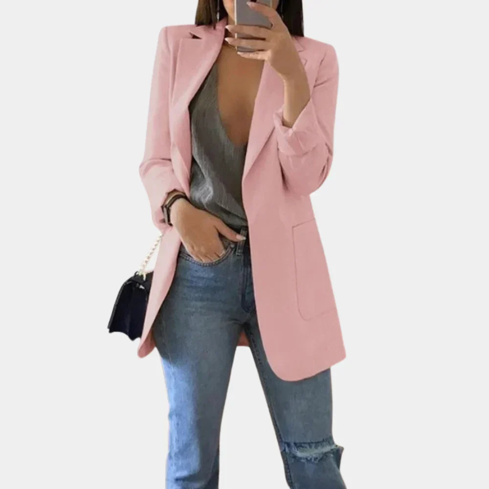 Elegant women's tailored long blazer, showcasing modern style, timeless fashion & sophisticated outerwear.