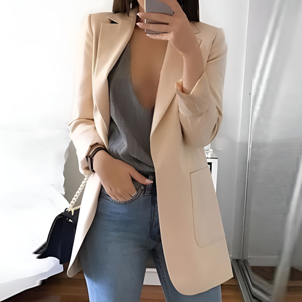 Sleek women's long slim fit tailored jacket, a modern fashion statement for professional & elegant wear.
