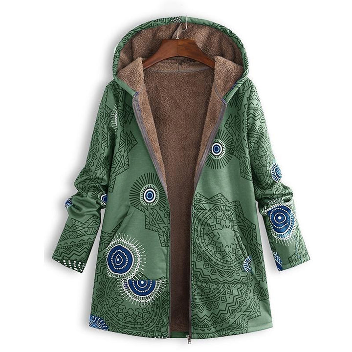Modern women's long spring jacket, hooded, with secure pockets. Lightweight & stylish outerwear for any season.