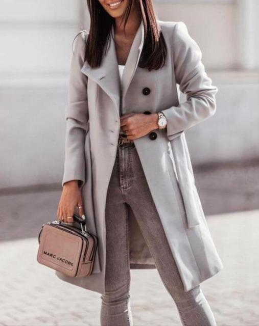 Elegant women's formal longline double-breasted winter coat, tailored with a stylish waist tie.